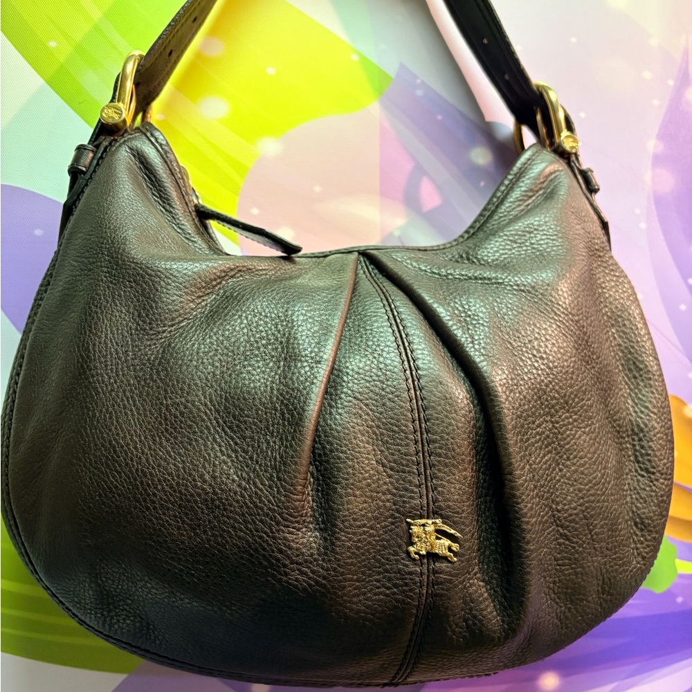 BURBERRY Brown Leather Pleated Hobo Shoulder Bag